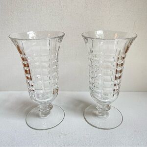 Two clear glass parfait juice pedestal glasses in rectangle cushion pattern 5 oz